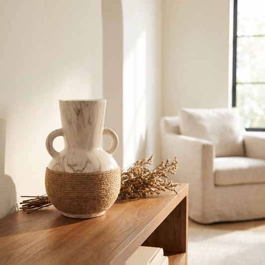 Haven Jute-Wrapped Vase styled on a console shelf