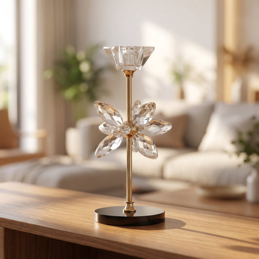 Crystal Bloom Candle Holder Regular styled on a console shelf