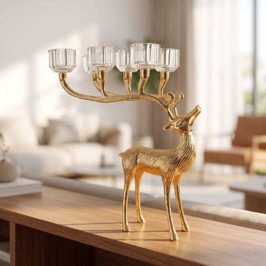 Regal Stag Crystal Candelabra styled on a console shelf