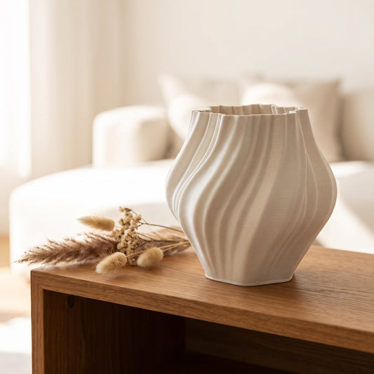 Ivory Ripple Vase styled on a console shelf