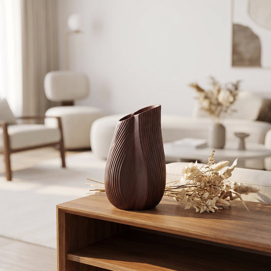 Sculpted Walnut Wave Vase styled on a console shelf