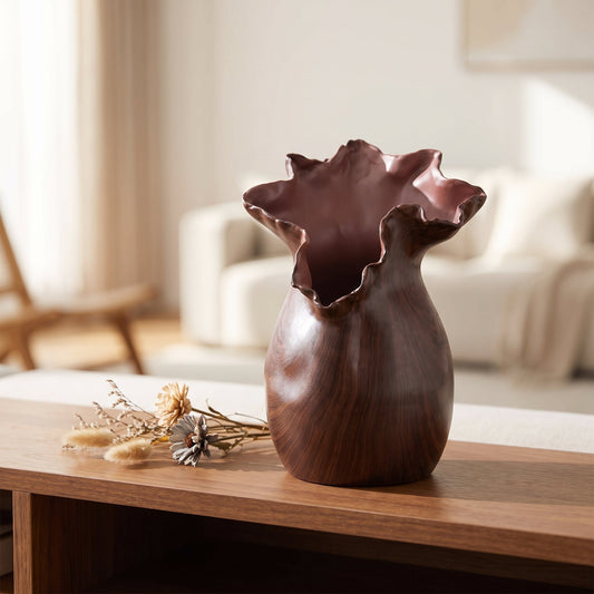 Walnut Ruffle Rim Vase styled on a console shelf