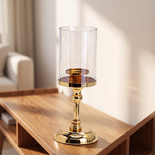 Classic Gold Hurricane Candle Holder Regular styled on a console shelf