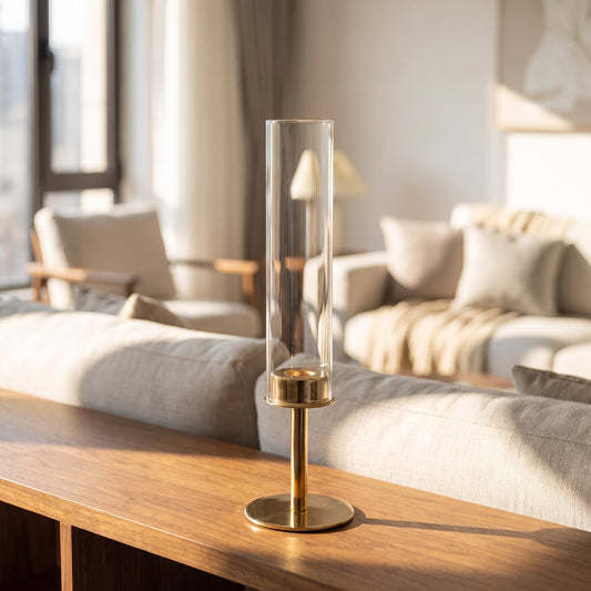 Gold Glass Hurricane Lantern Regular styled on a console shelf