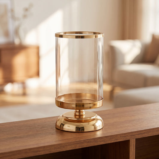 Luxe Gold Glass Hurricane Vase Regular styled on a console shelf
