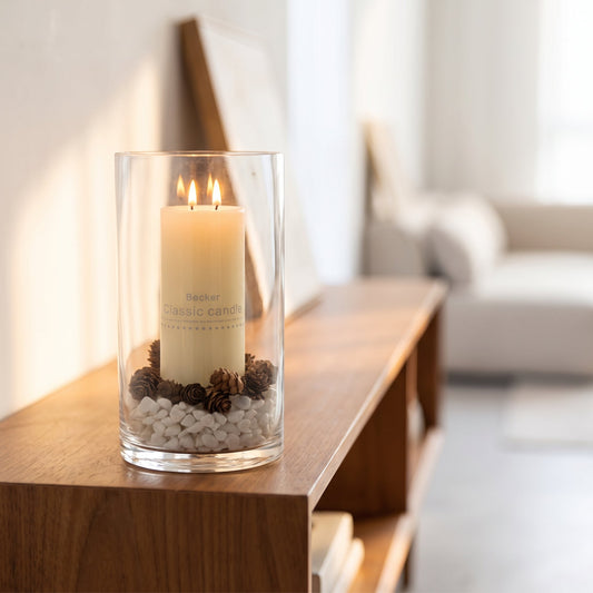 Glass Candle Holder Short styled on a console shelf