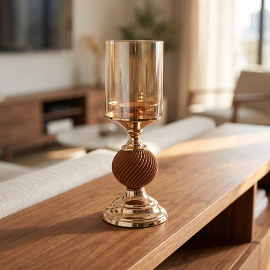 Amber Glass Hurricane Candle Holder styled on a console shelf
