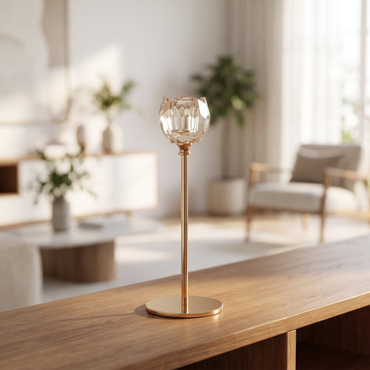 Crystal Elegance Taper Candle Holder Regular styled on a console shelf