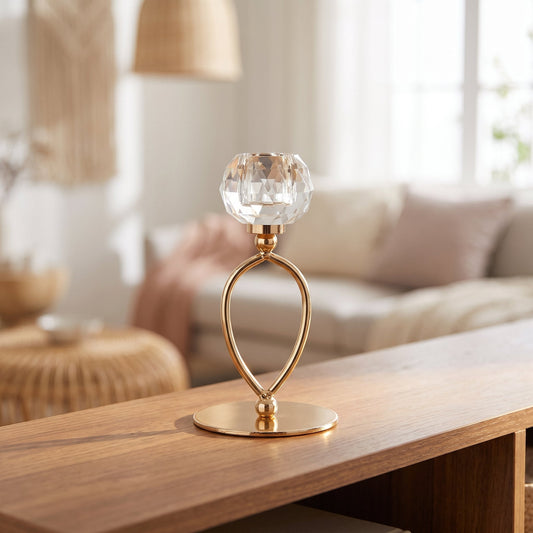 Infinity Crystal Candle Holder Regular styled on a console shelf