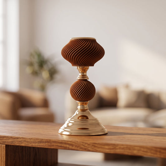 Luxe Ribbed Candle Holder Regular styled on a console shelf