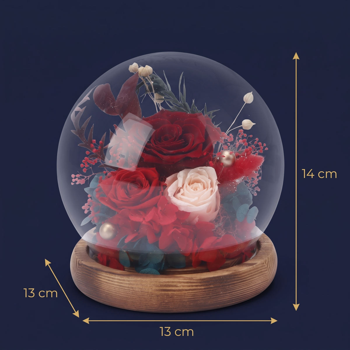 Crimson Eternal Rose Dome — dimensions 13 x 13 x 14 cm