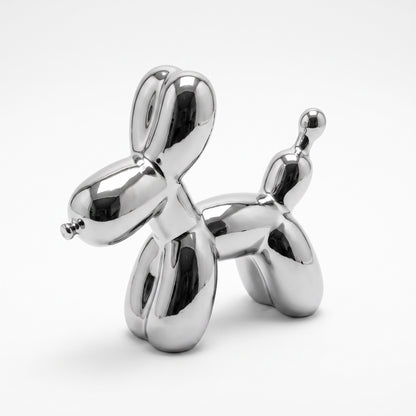 Silver Balloon Dog Sculpture — front view on white background
