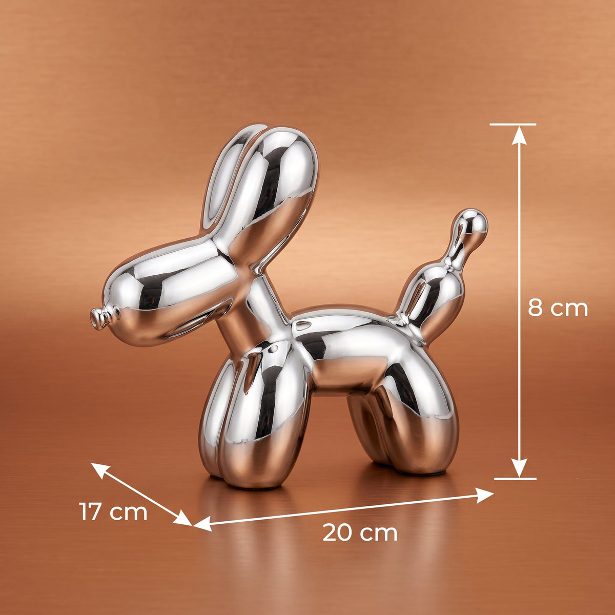 Silver Balloon Dog Sculpture — dimensions 20 x 17 x 8 cm