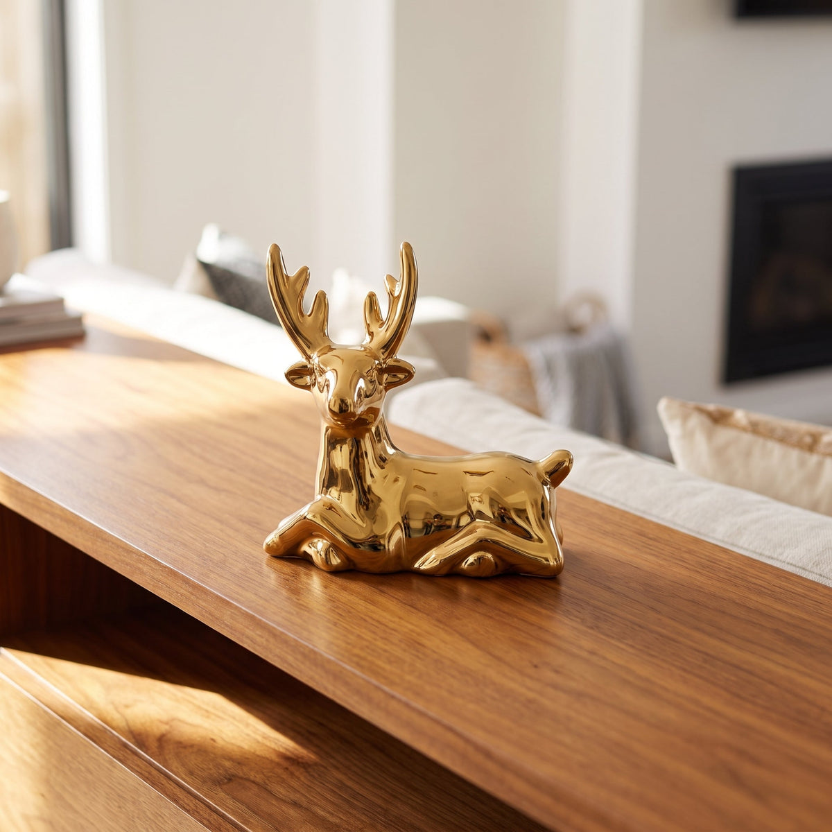Regal Golden Stag Sculpture Regular styled on a console shelf