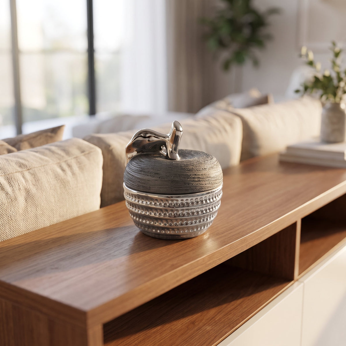 Graphite Trinket Jar styled on a console shelf