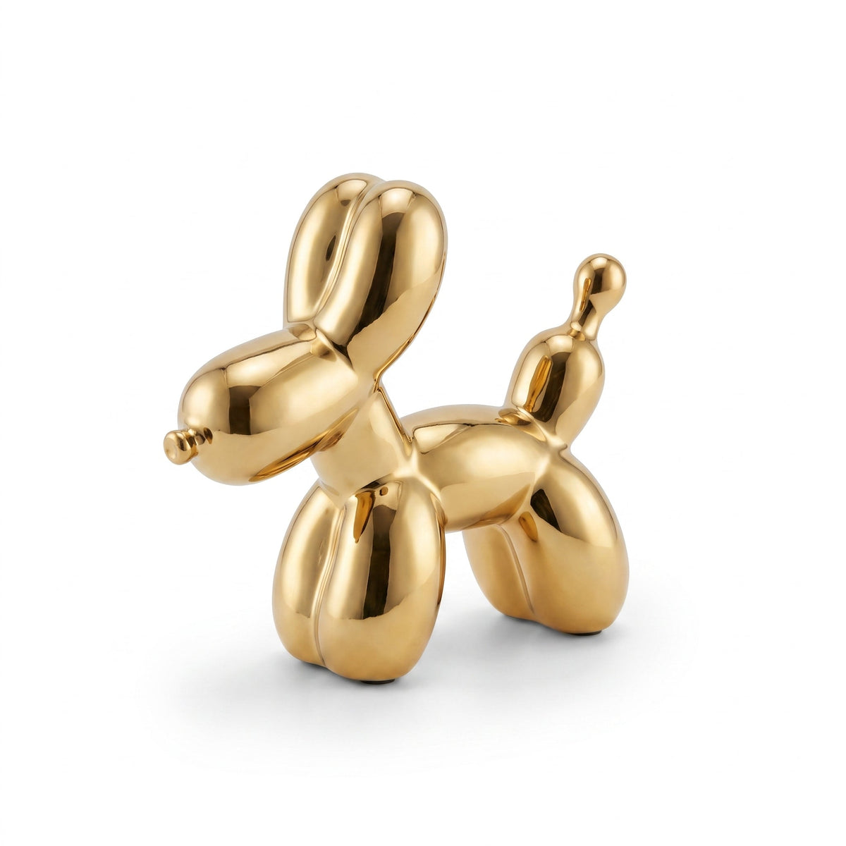 Golden Balloon Dog Sculpture — front view, accurate scale on white background