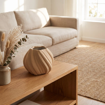 Terra Drape Sculptural Vase styled on a console shelf