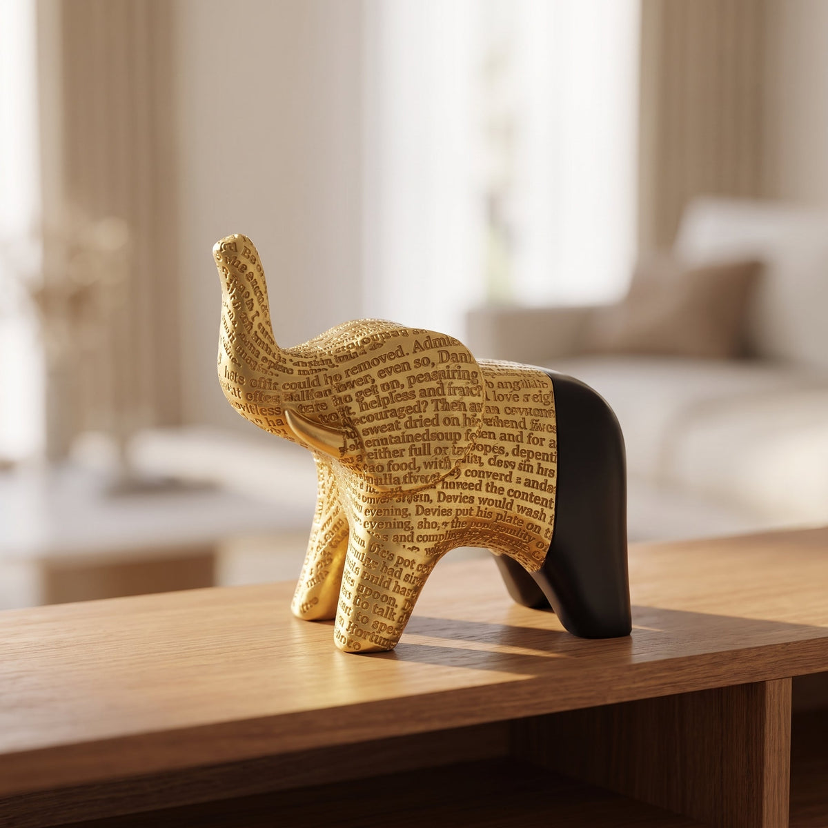 Dual-Tone Textured Elephant Figurine styled on a console shelf