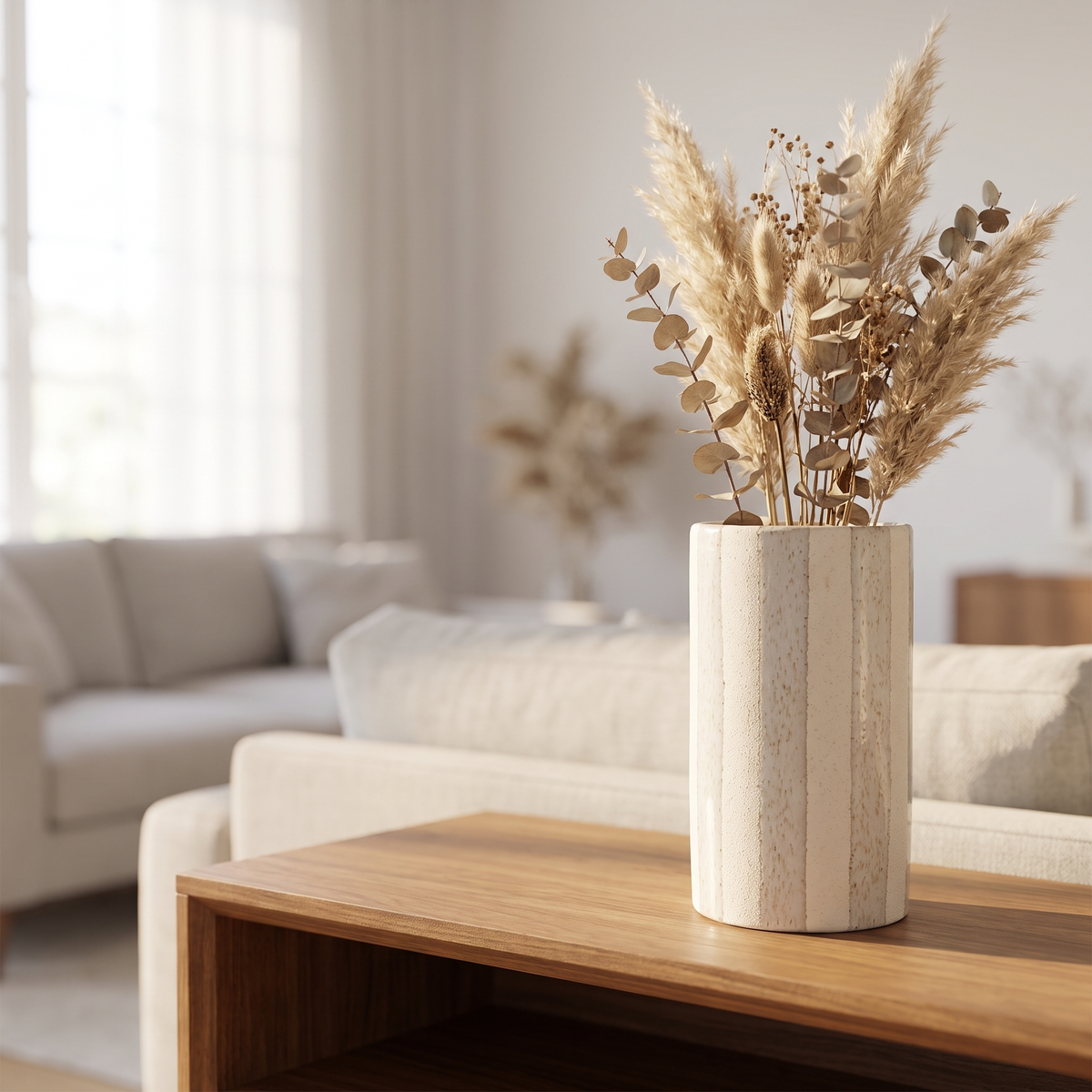 Ivory Strata Medium Vase styled on a console shelf