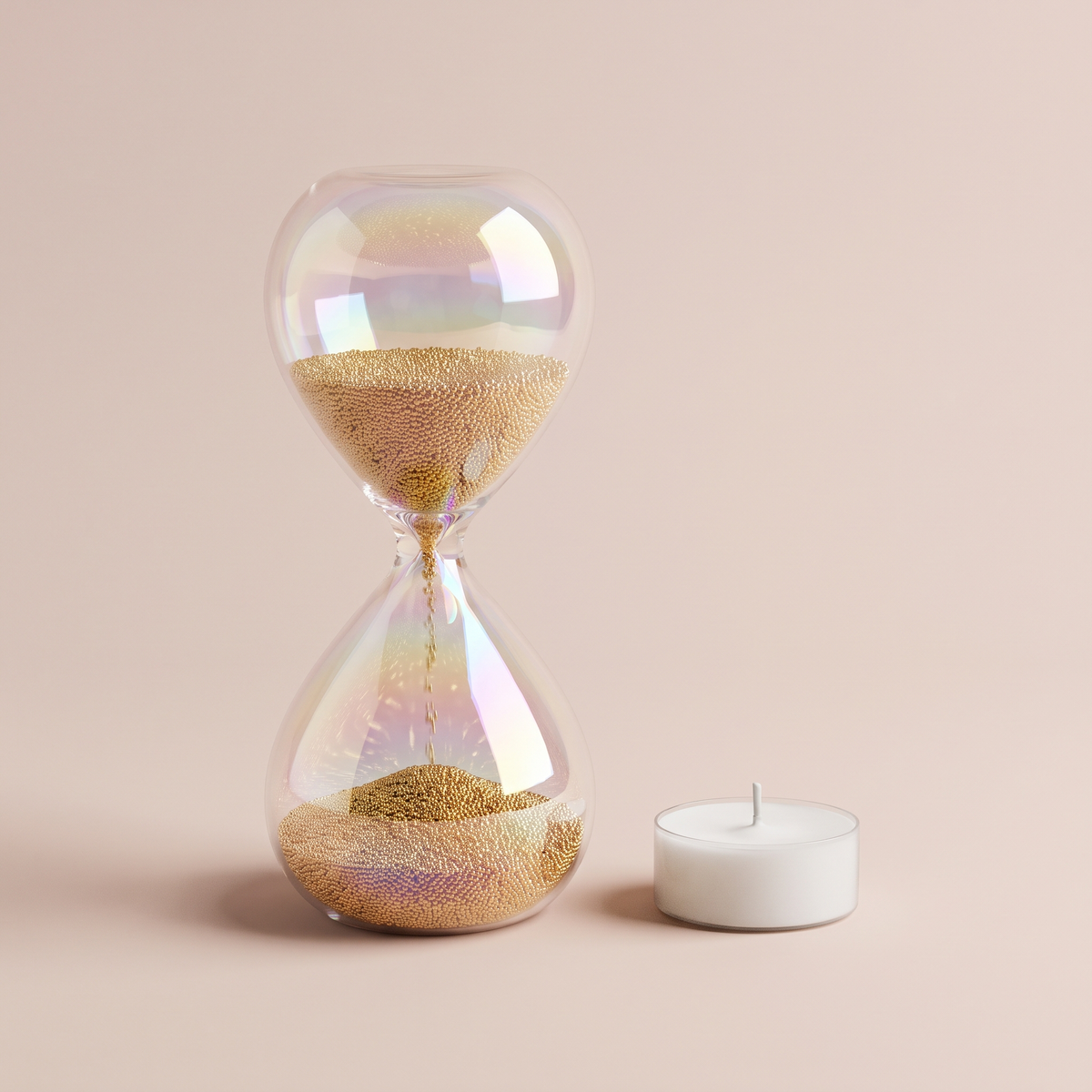 Aurora Gold Bead Hourglass shown with a tealight candle for scale