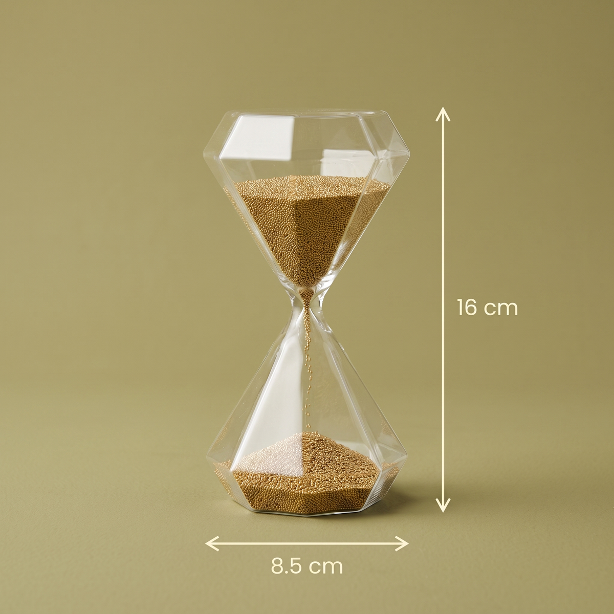 Facet Gold Hourglass — dimensions 8.5 cm diameter x 16 cm tall