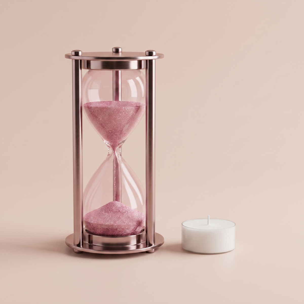 Celeste Pink Hourglass shown with a tealight candle for scale