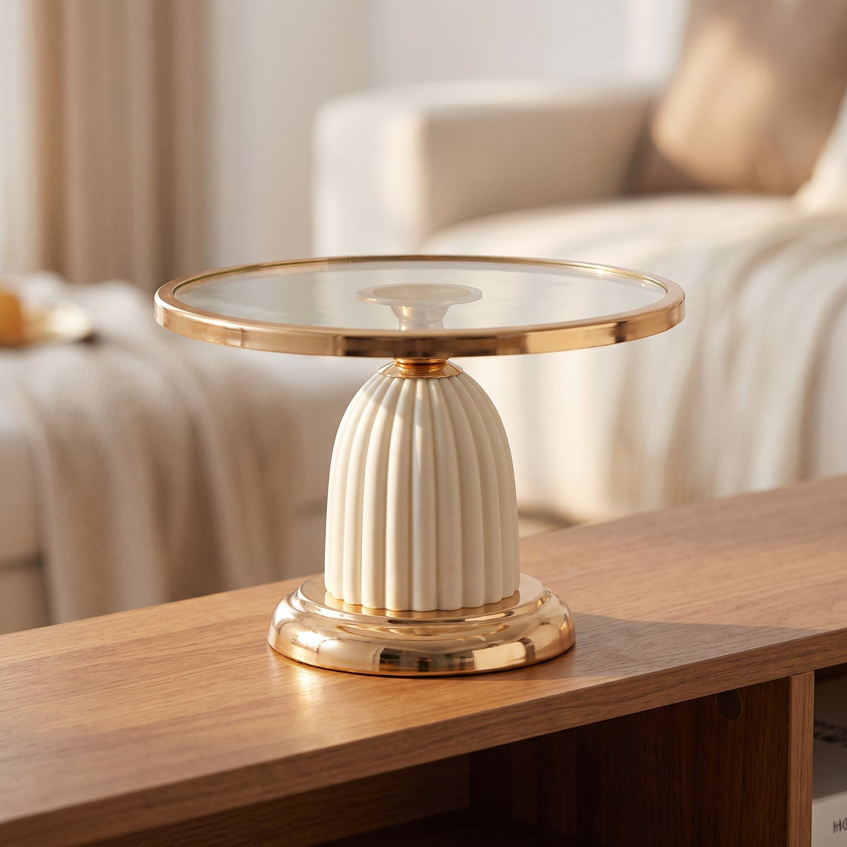 Ivory Luxe Cake Display Stand Regular styled on a console shelf