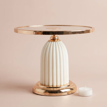 Ivory Luxe Cake Display Stand Tall shown with a tealight candle for scale