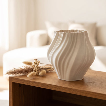 Ivory Ripple Vase styled on a console shelf