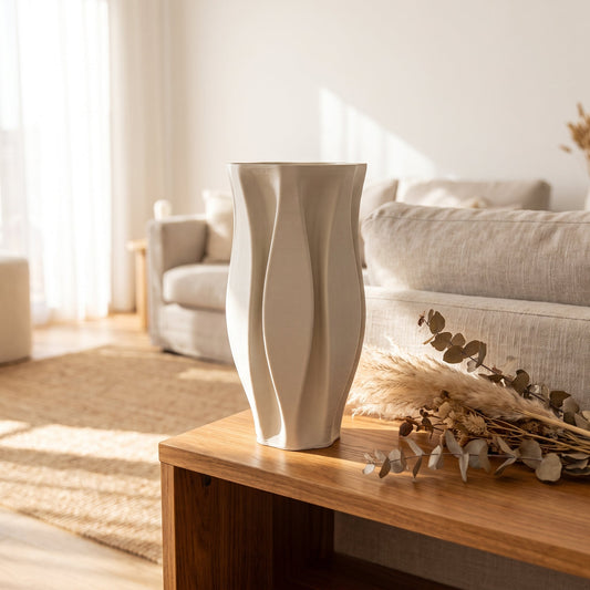 Twisted Ivory Porcelain Vase styled on a console shelf