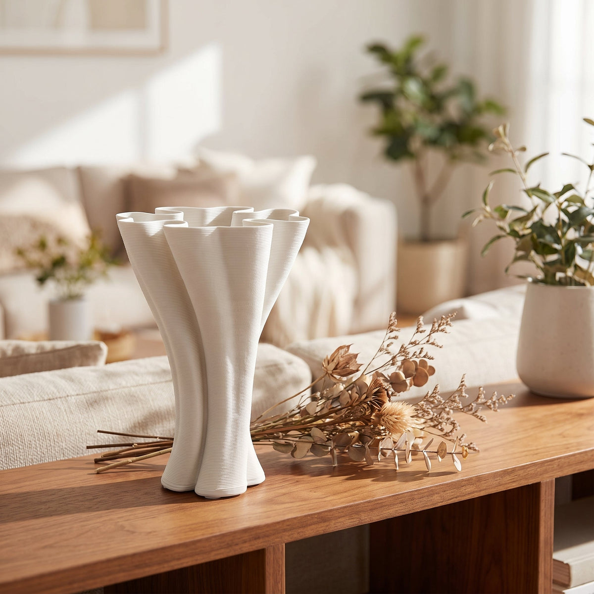 Petal Fold Vase styled on a console shelf