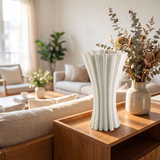 Fluted Spiral Vase styled on a console shelf