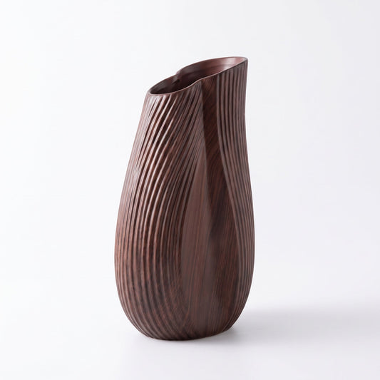 Sculpted Walnut Wave Vase — front view on white background