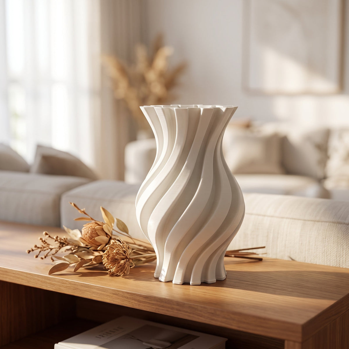 Helix Wave Vase styled on a console shelf