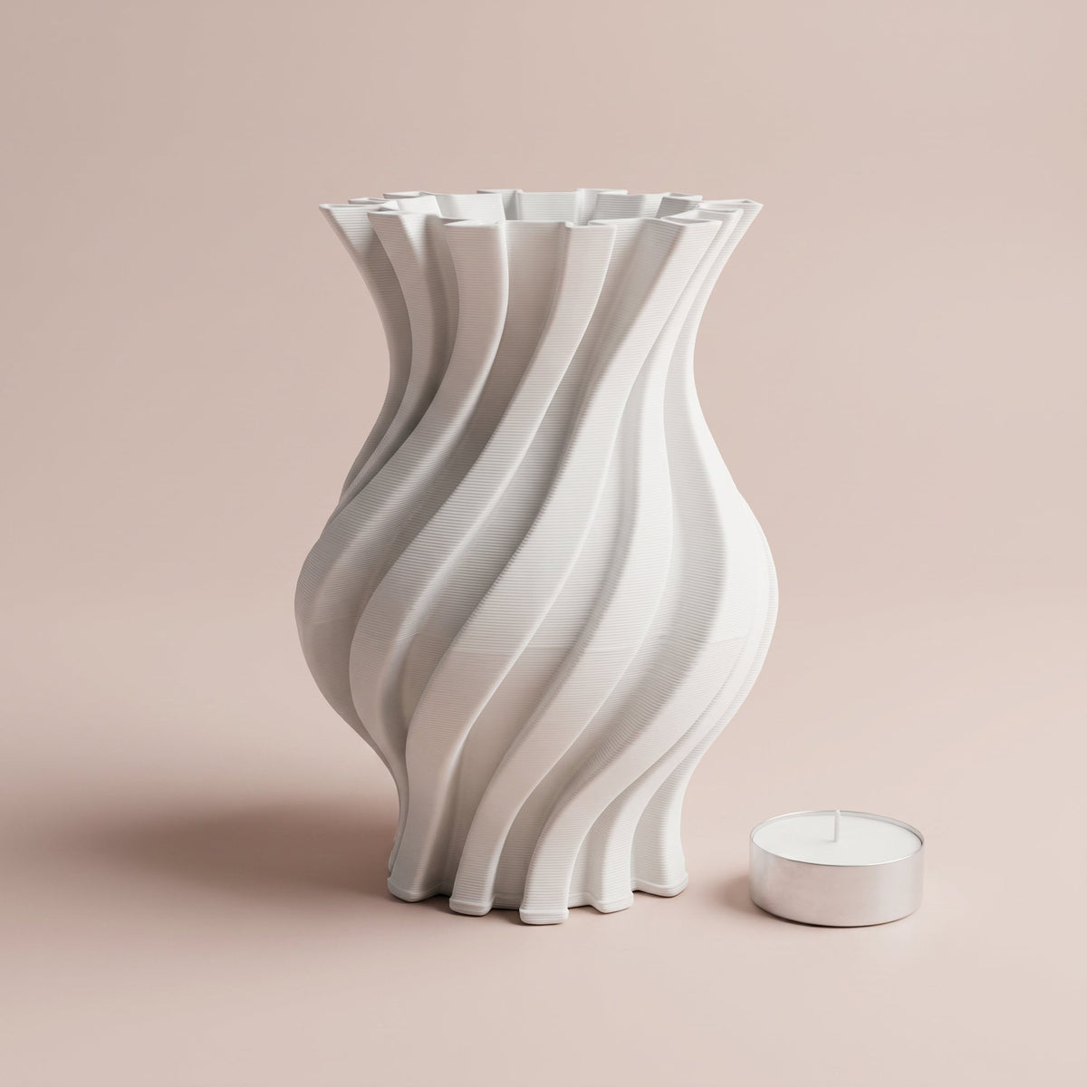Helix Wave Vase shown with a tealight candle for scale