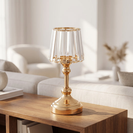 Crystal-Style Pleat Candle Hurricane Regular styled on a console shelf