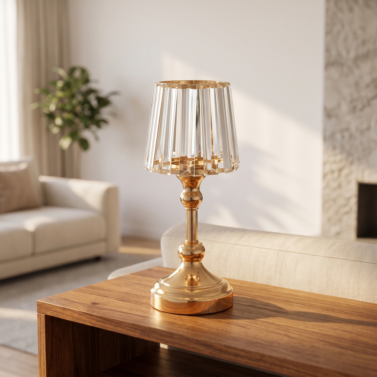 Crystal-Style Pleat Candle Hurricane Tall styled on a console shelf
