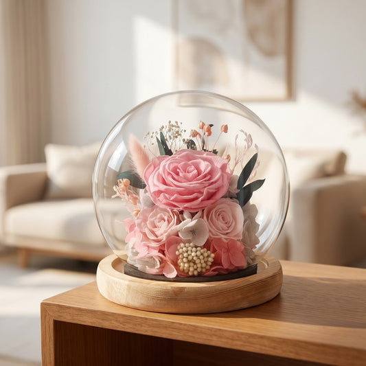 Blush Romance Rose Dome styled on a console shelf
