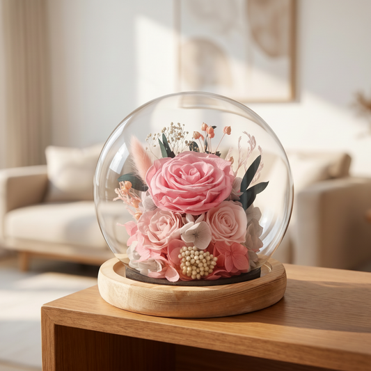Blush Romance Rose Dome styled on a console shelf