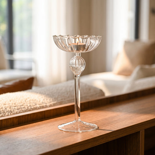 Petal Glass Candle Holder styled on a console shelf