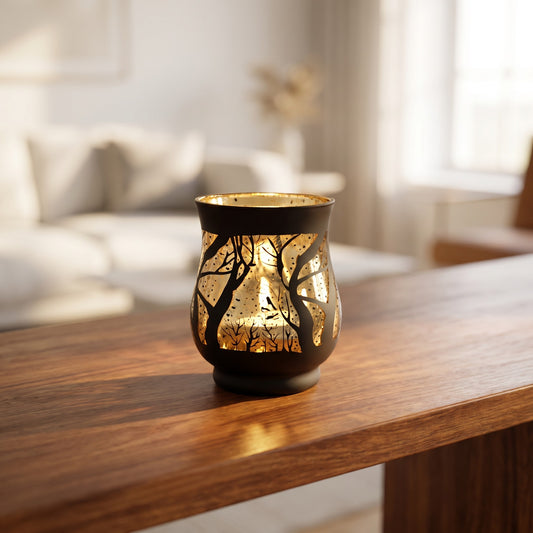 Dark Forest Glass Votive styled on a console shelf