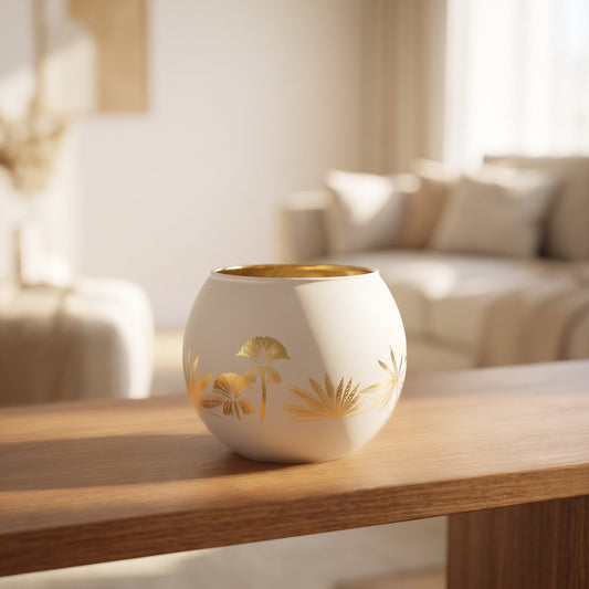 Fern Motif Glass Votive Small styled on a console shelf