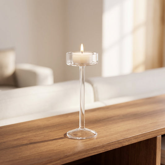 Delicate Glass Platform Tealight Holder Short styled on a console shelf