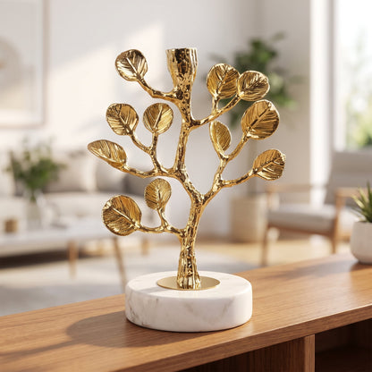 Golden Tree Candle Holder styled on a console shelf