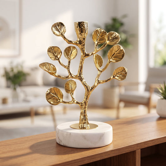 Golden Tree Candle Holder styled on a console shelf