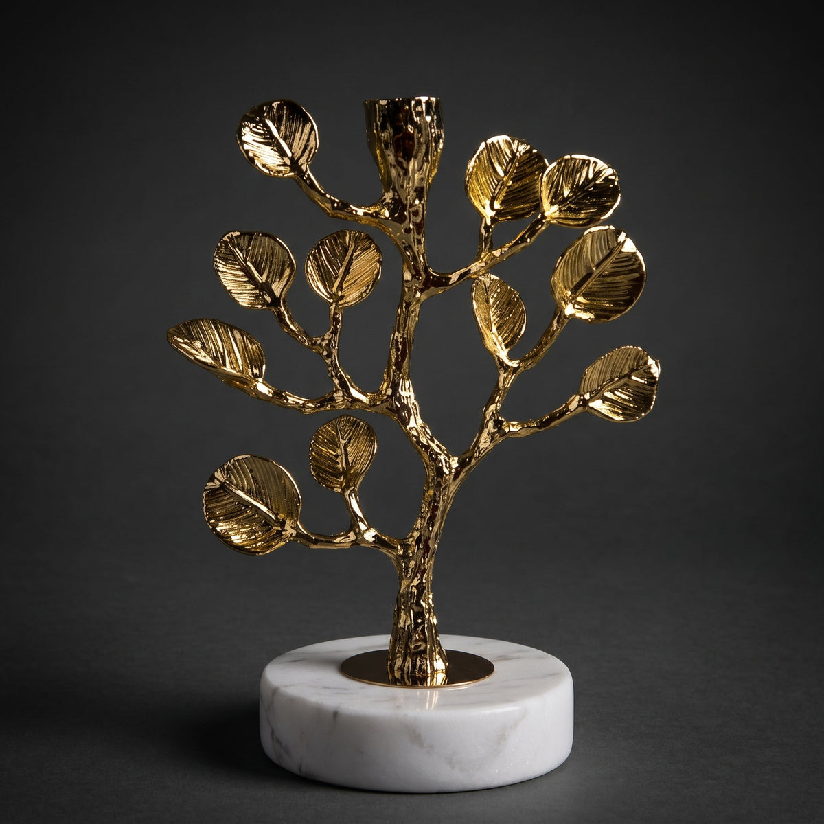 Golden Tree Candle Holder — full view on dark background
