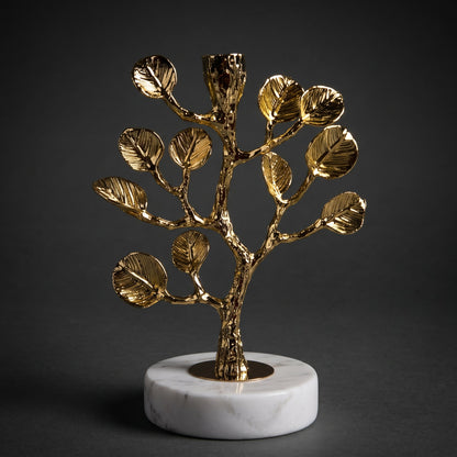 Golden Tree Candle Holder — full view on dark background