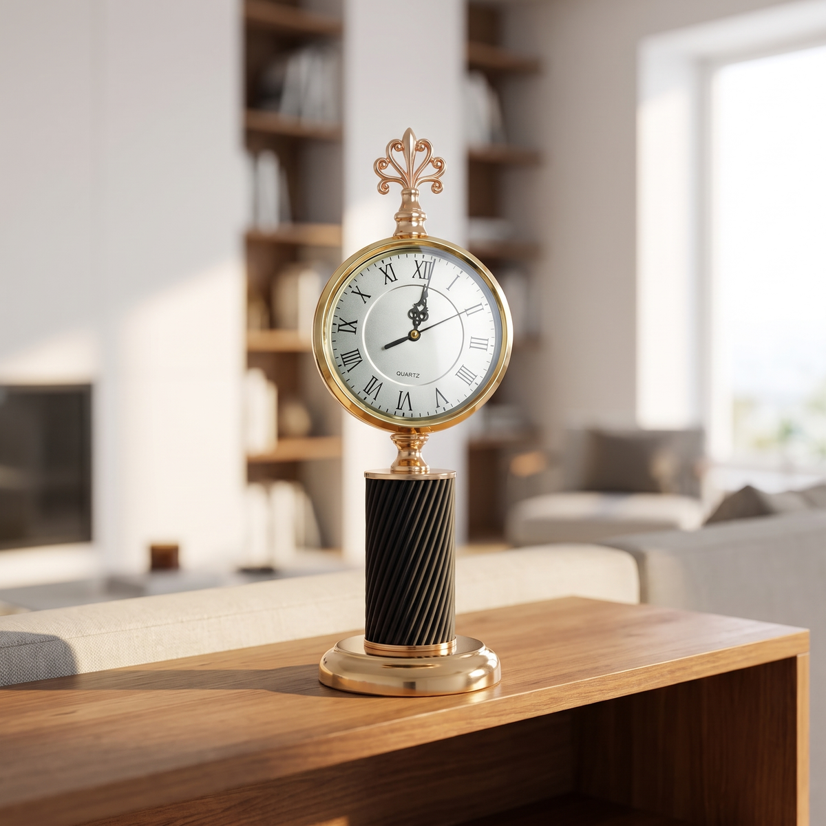 Noir Heritage Clock styled on a console shelf