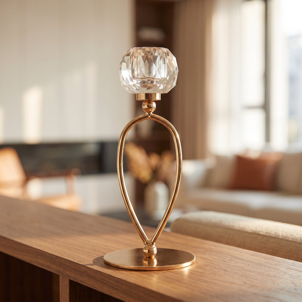 Infinity Crystal Candle Holder Tall styled on a console shelf