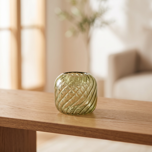 Olive Swirl Glass Candle Holder Small styled on a console shelf